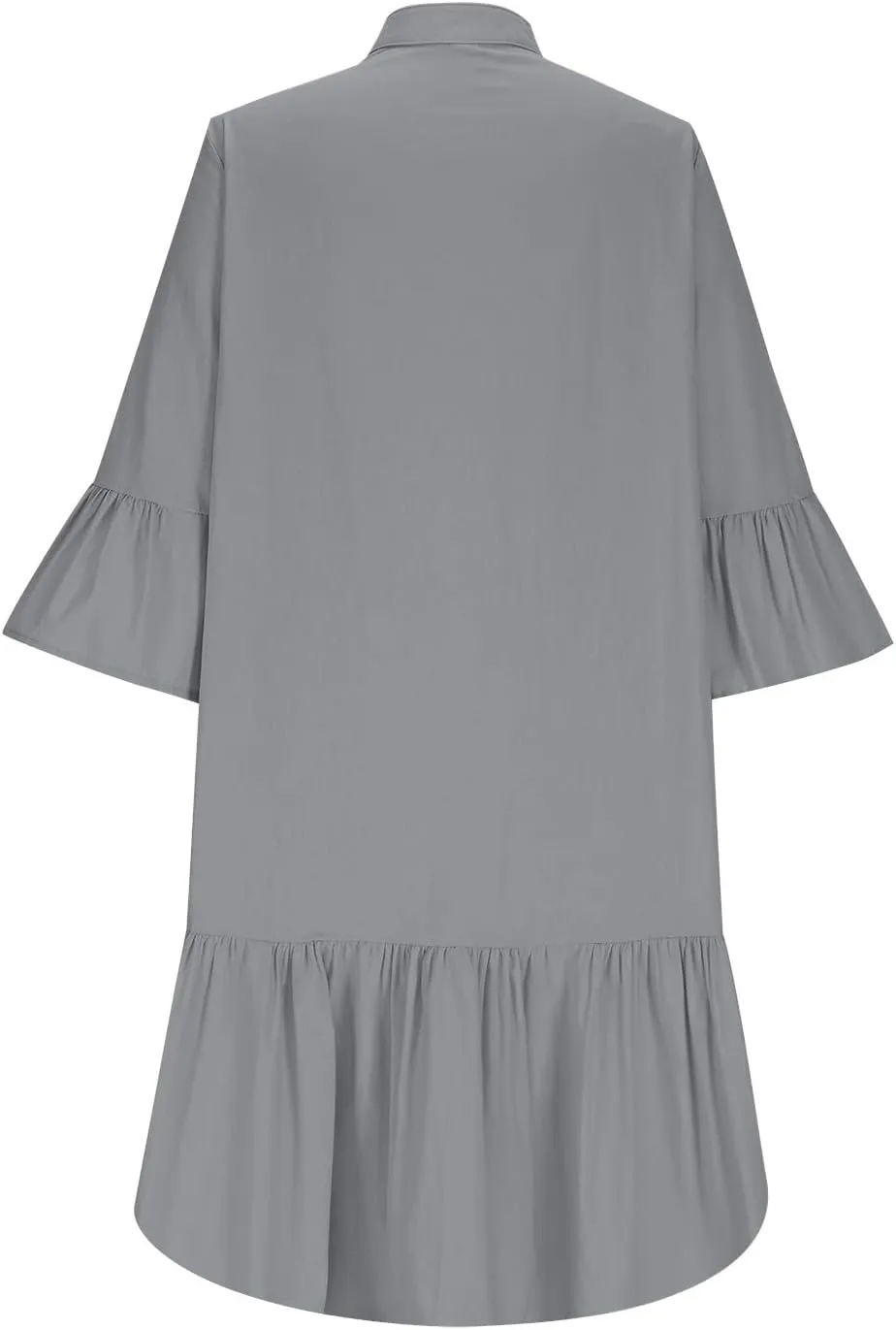 Women 3/4 Sleeve Cotton Linen Short Dress, Summer Half Button Casual Loose Daily Clothes Solid Comfy Ruffle Hem Dresses