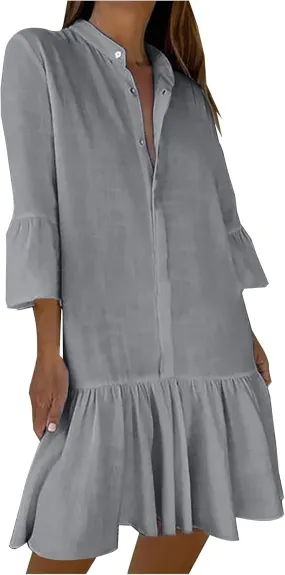 Women 3/4 Sleeve Cotton Linen Short Dress, Summer Half Button Casual Loose Daily Clothes Solid Comfy Ruffle Hem Dresses