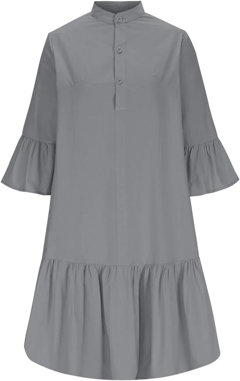 Women 3/4 Sleeve Cotton Linen Short Dress, Summer Half Button Casual Loose Daily Clothes Solid Comfy Ruffle Hem Dresses