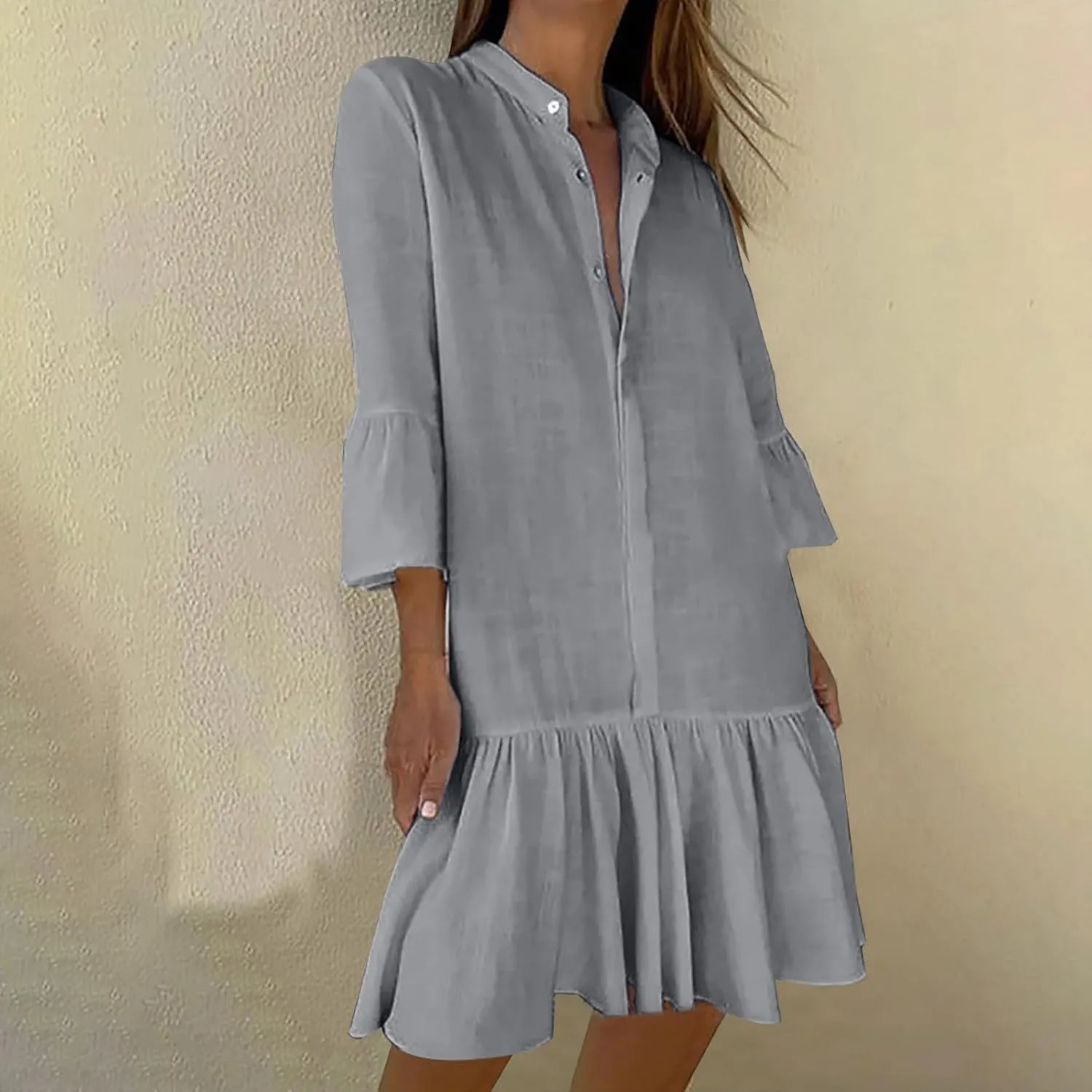 Women 3/4 Sleeve Cotton Linen Short Dress, Summer Half Button Casual Loose Daily Clothes Solid Comfy Ruffle Hem Dresses