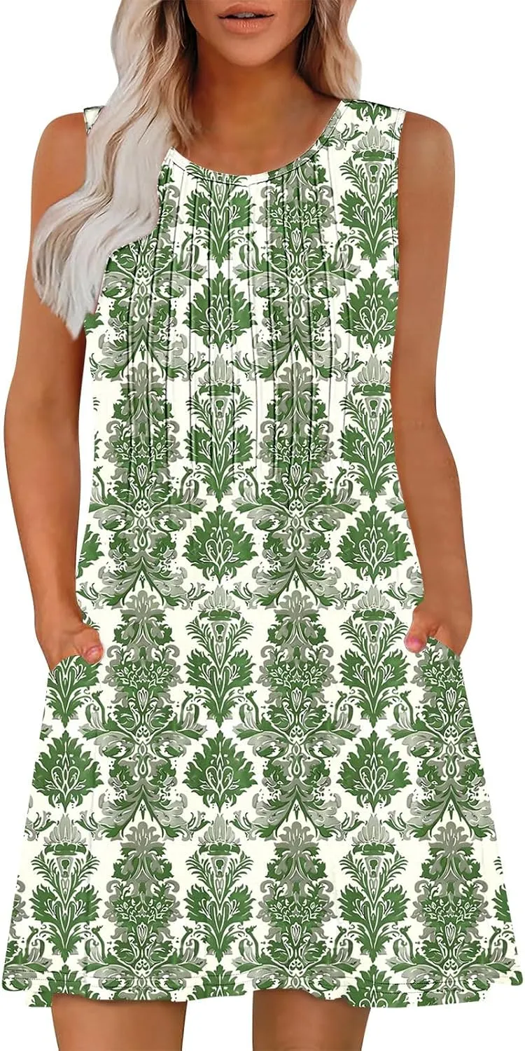 Women Casual A-Line Dress with Pockets 2025 Sleeveless Boho Tank Dress Knee Length Sundress Loose T-Shirt Dresses