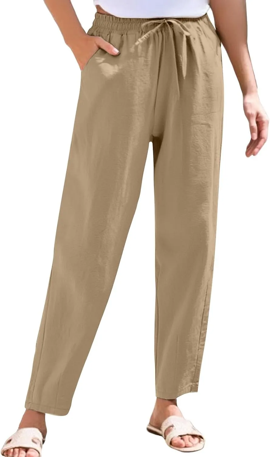 Women Casual Straight Leg Pants Elastic Drawstring Trousers with Pockets 2025 Summer Cotton Linen Beach Lounge Clothes