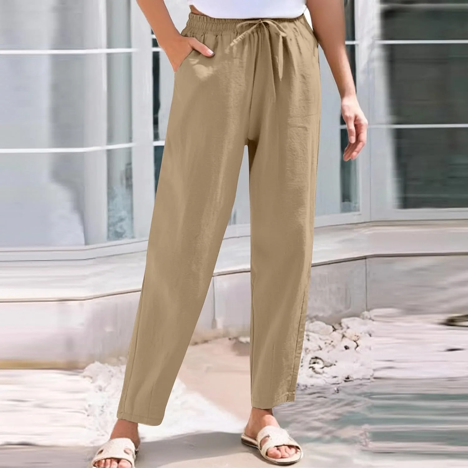 Women Casual Straight Leg Pants Elastic Drawstring Trousers with Pockets 2025 Summer Cotton Linen Beach Lounge Clothes