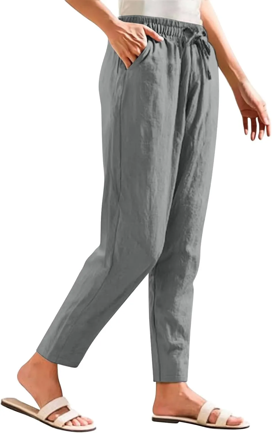 Women Casual Straight Leg Pants Elastic Drawstring Trousers with Pockets 2025 Summer Cotton Linen Beach Lounge Clothes