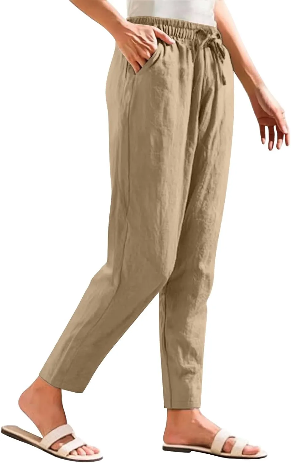 Women Casual Straight Leg Pants Elastic Drawstring Trousers with Pockets 2025 Summer Cotton Linen Beach Lounge Clothes