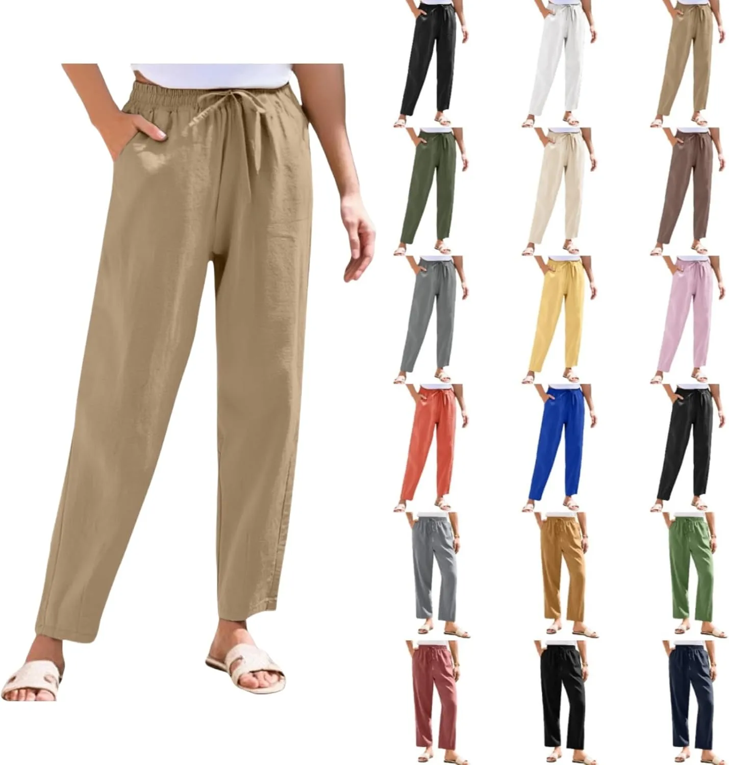 Women Casual Straight Leg Pants Elastic Drawstring Trousers with Pockets 2025 Summer Cotton Linen Beach Lounge Clothes