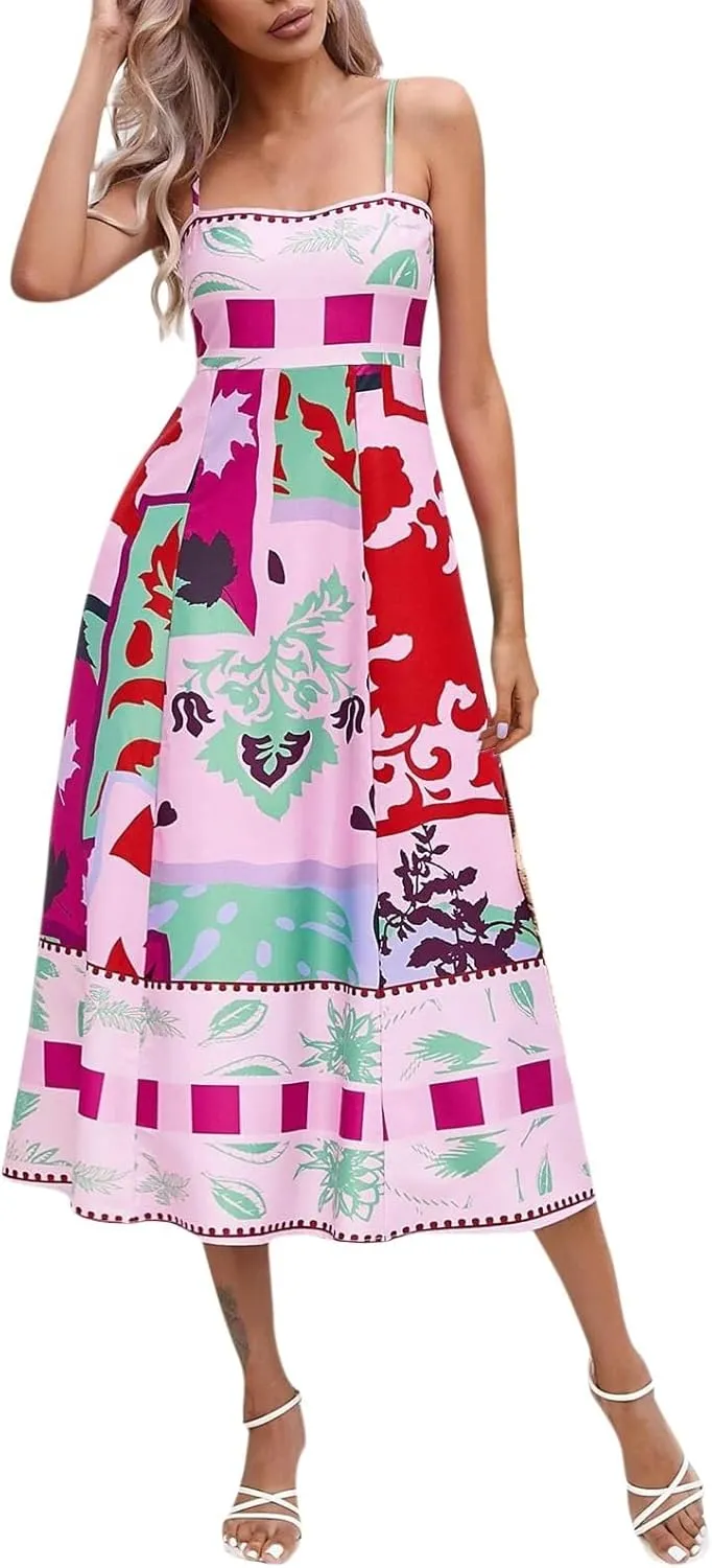 Women Cute Print Maxi Cami Dress Loose Sleeveless Spaghetti Strap Boho Dress Flowy Graffiti Long Aline Sun Dress