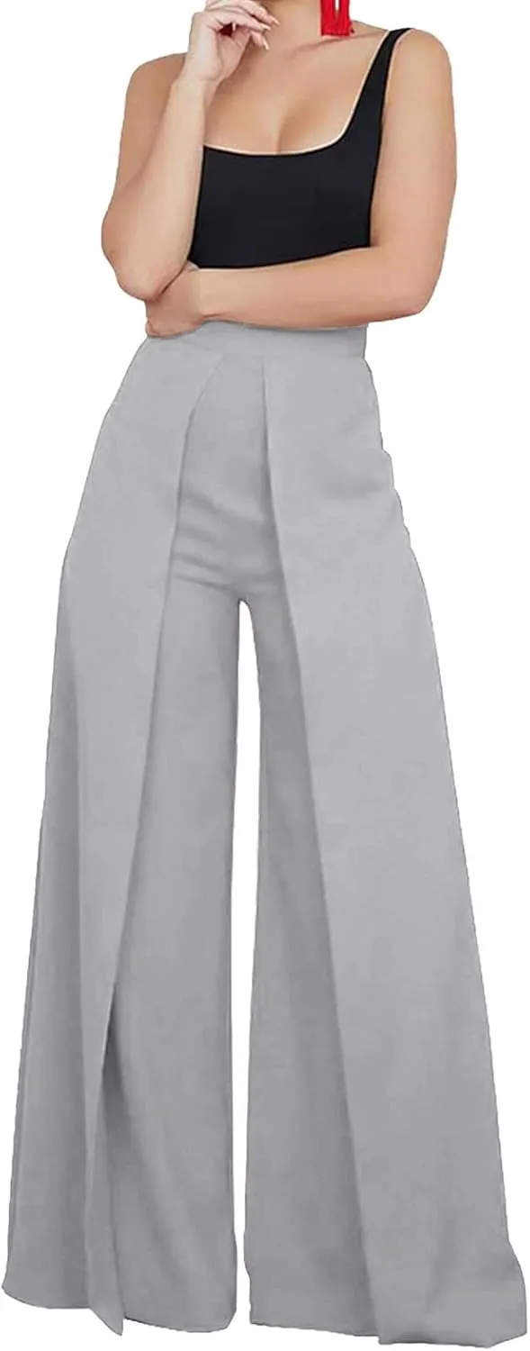 Women Elegant Palazzo Pants Solid Color Casual Loose Wide Leg Trousers Straight Pants Flowy Drape-Feel