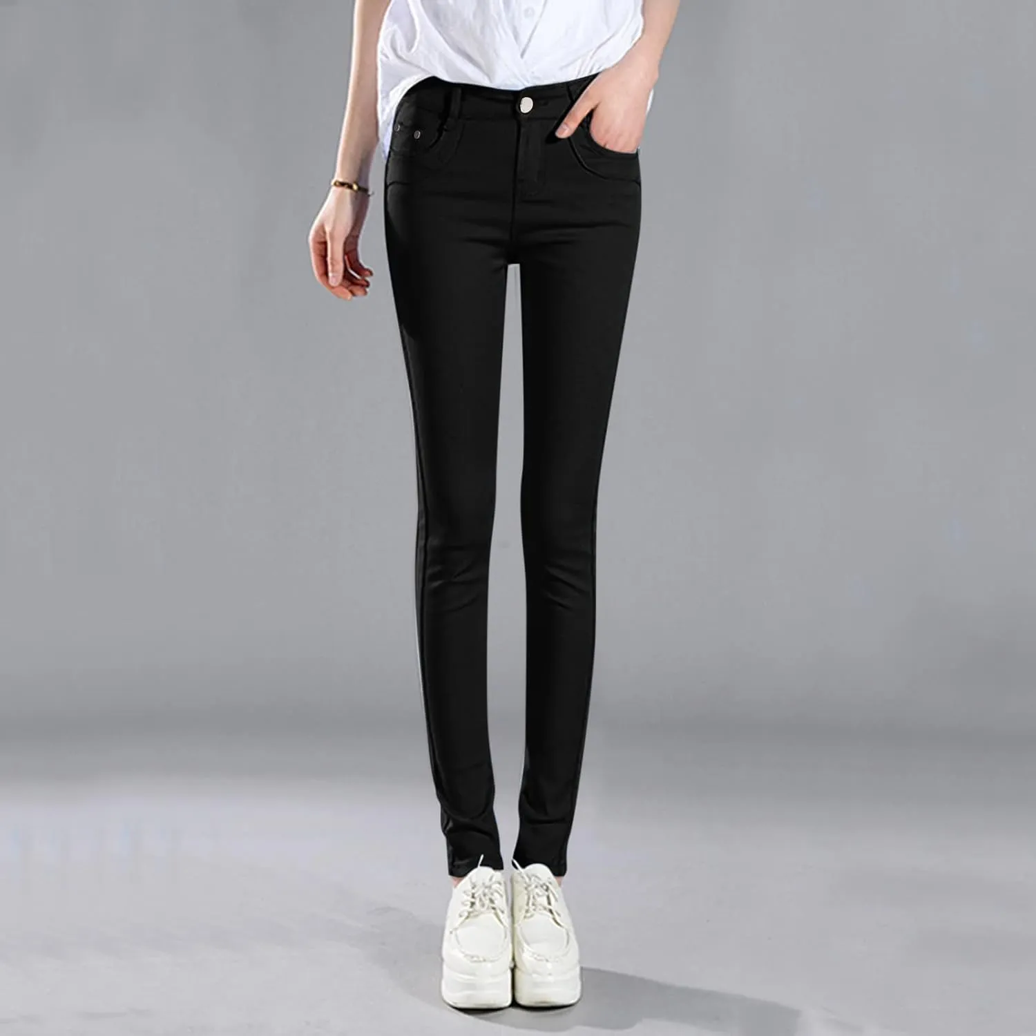Women High Waist Skinny Pant Stretchy Slim Pull On Cotton Pencil Trouser Comfy Butt Lifting Tight Legging with Pocket