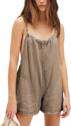 Women Linen Overalls Romper Casual Sleeveless Adjustable Tie Strap Overall Shorts Summer Beach Outfits with Pockets
