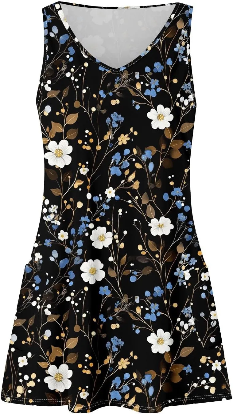 Women Summer Dresses Beach Printed Dress with Pocket Vacation Sleeveless Swimsuit Coverup V Neck Casual Sundress