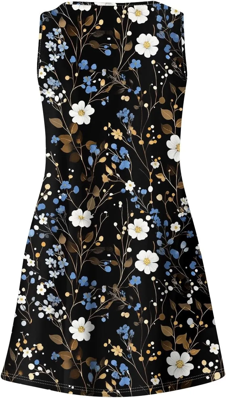 Women Summer Dresses Beach Printed Dress with Pocket Vacation Sleeveless Swimsuit Coverup V Neck Casual Sundress