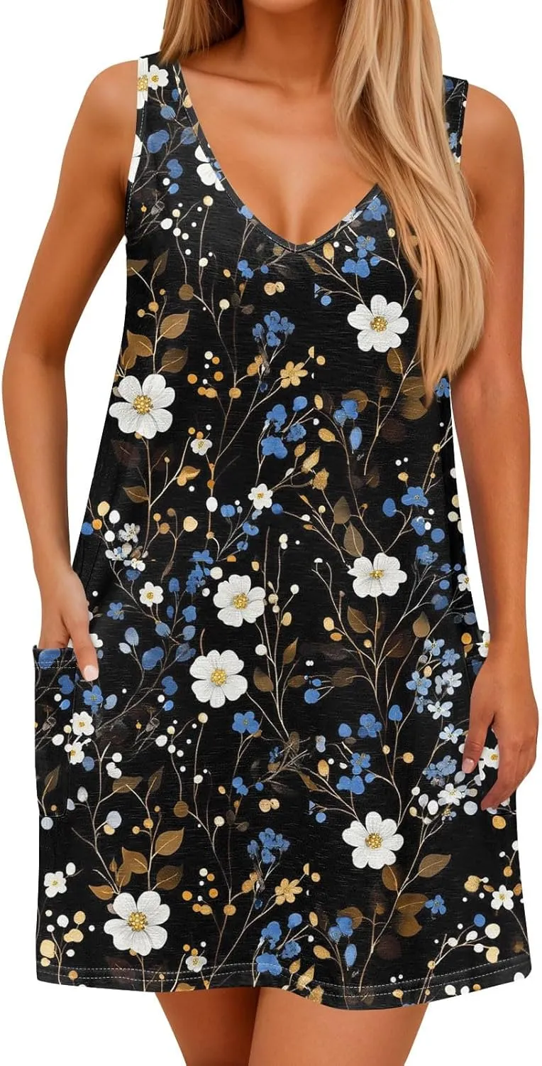 Women Summer Dresses Beach Printed Dress with Pocket Vacation Sleeveless Swimsuit Coverup V Neck Casual Sundress