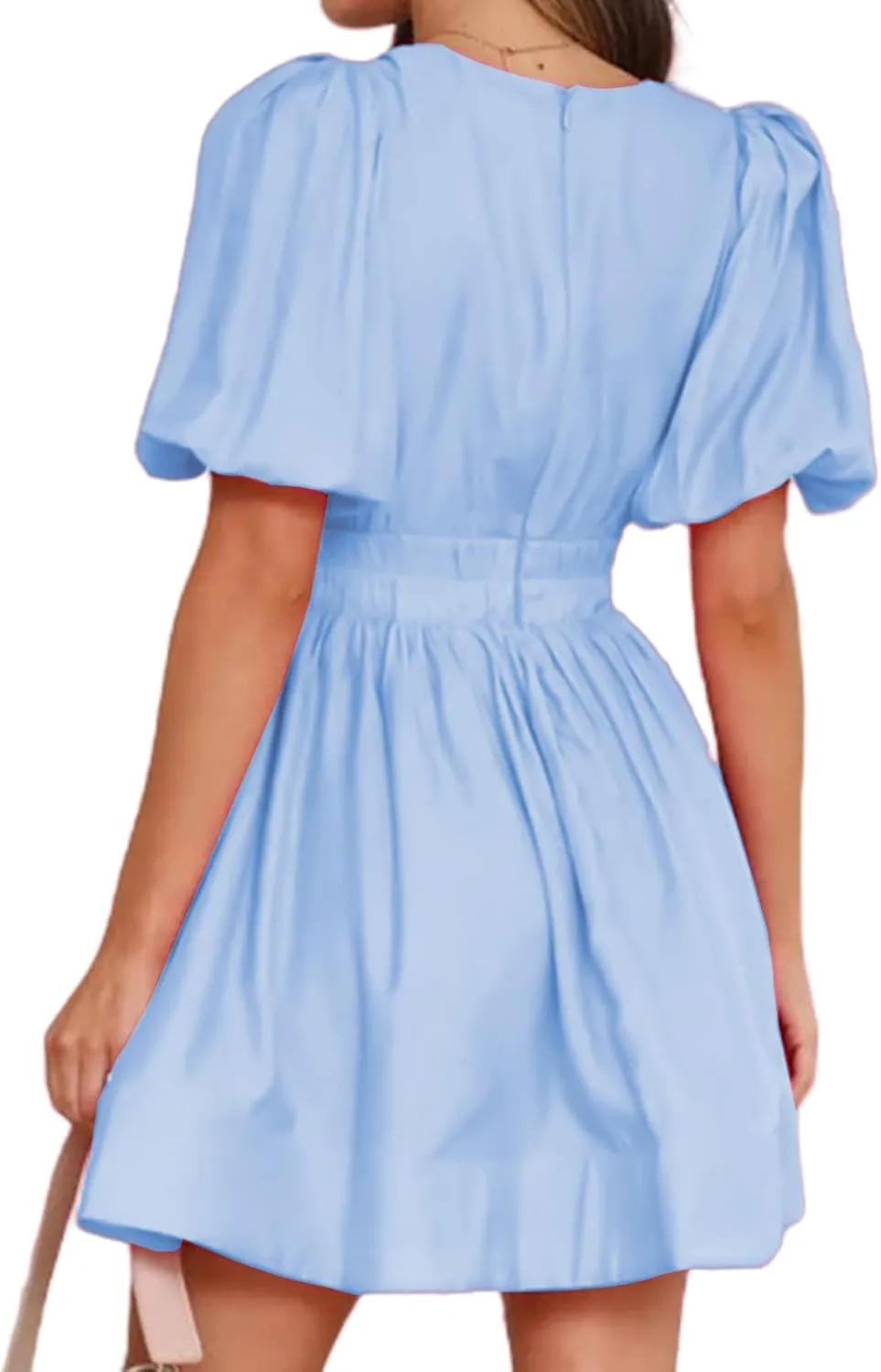 Women Summer Mini Dress Sexy V Neck Puff Short Sleeve A-Line Flowy Swing Dresses Party Dress 2025 Beach Sundress