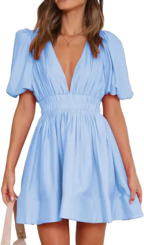 Women Summer Mini Dress Sexy V Neck Puff Short Sleeve A-Line Flowy Swing Dresses Party Dress 2025 Beach Sundress