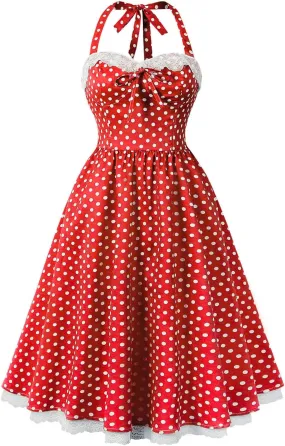 Women Vintage Polka Audrey A-Line Dress 1950s Halter Retro Cocktail Rockabilly Swing Dresses Wedding Guest Homecoming