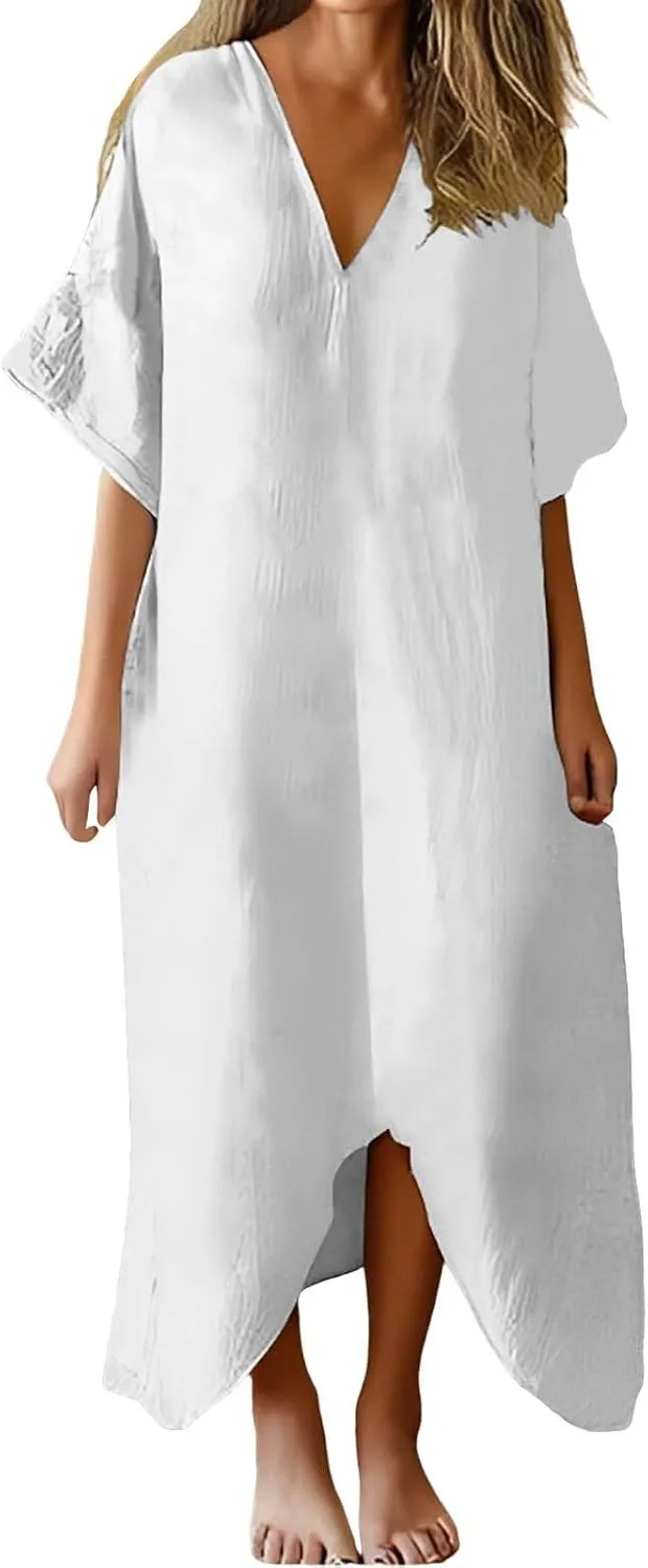 Women's 2025 Linen Casual Dresses Flowy V Neck Short Sleeve Maxi Dress Lightweight Summer Beach Vacation Clothes