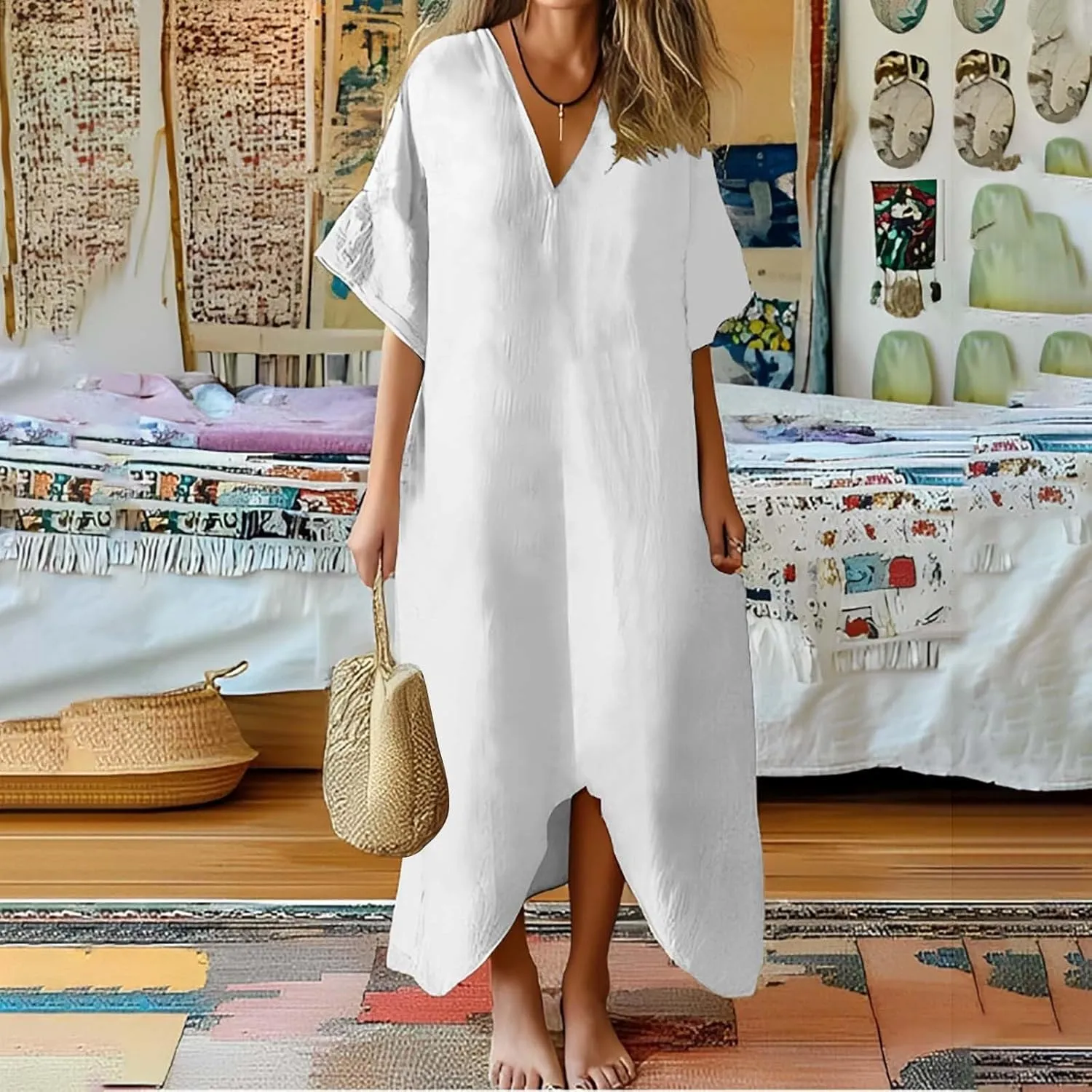 Women's 2025 Linen Casual Dresses Flowy V Neck Short Sleeve Maxi Dress Lightweight Summer Beach Vacation Clothes