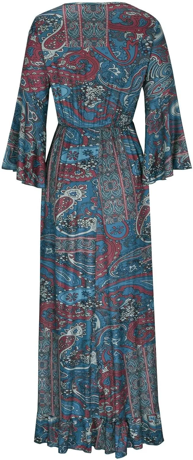 Womens 3/4 Sleeve Casual Boho A-Line Dress Frill Trim V Neck Maxi Dress Plus Size Fashion High Waist Beach Dresses