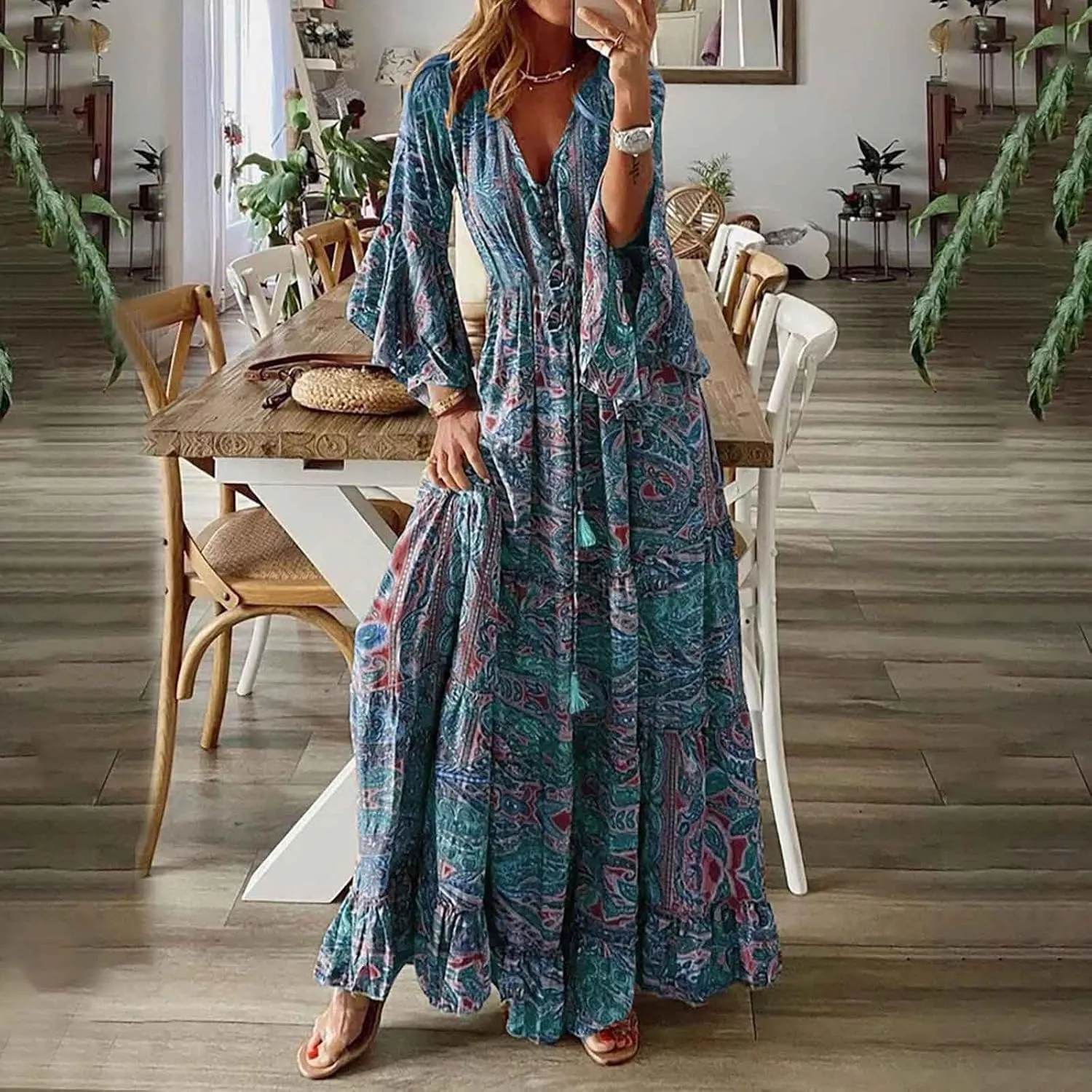 Womens 3/4 Sleeve Casual Boho A-Line Dress Frill Trim V Neck Maxi Dress Plus Size Fashion High Waist Beach Dresses