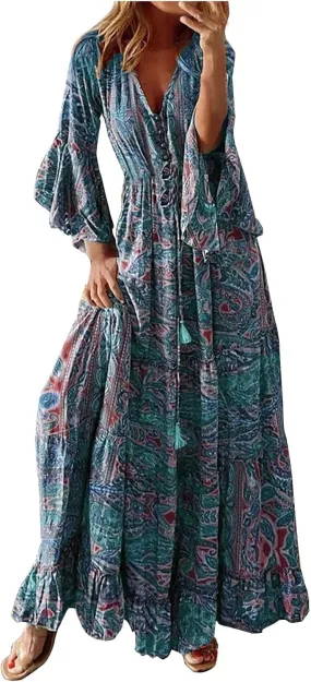 Womens 3/4 Sleeve Casual Boho A-Line Dress Frill Trim V Neck Maxi Dress Plus Size Fashion High Waist Beach Dresses