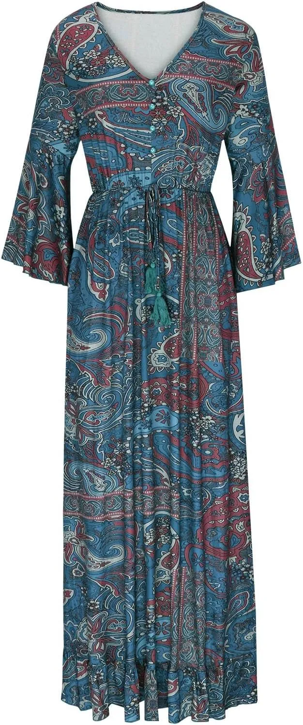 Womens 3/4 Sleeve Casual Boho A-Line Dress Frill Trim V Neck Maxi Dress Plus Size Fashion High Waist Beach Dresses