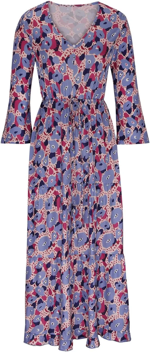 Womens 3/4 Sleeve Casual Boho A-Line Dress Frill Trim V Neck Maxi Dress Plus Size Fashion High Waist Beach Dresses