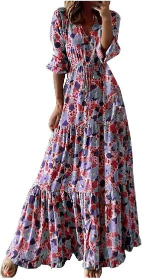 Womens 3/4 Sleeve Casual Boho A-Line Dress Frill Trim V Neck Maxi Dress Plus Size Fashion High Waist Beach Dresses