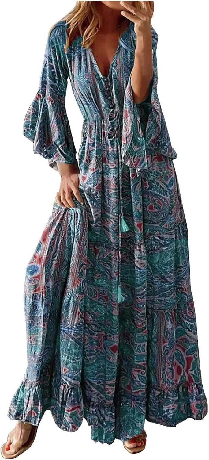 Womens 3/4 Sleeve Casual Boho A-Line Dress Frill Trim V Neck Maxi Dress Plus Size Fashion High Waist Beach Dresses