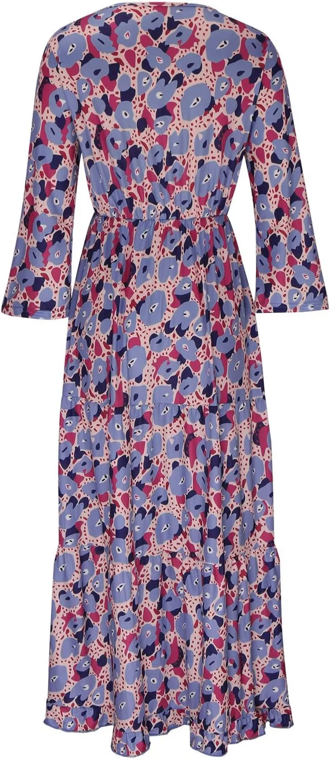 Womens 3/4 Sleeve Casual Boho A-Line Dress Frill Trim V Neck Maxi Dress Plus Size Fashion High Waist Beach Dresses