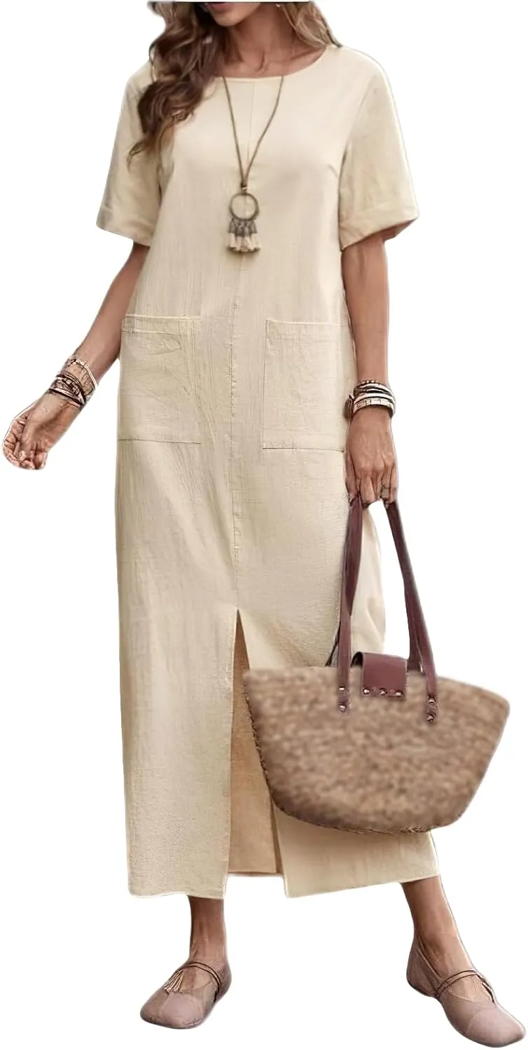 Womens Casual Summer Midi Dress Short Sleeve Crewneck Linen Tshirt Dress Slim Fit Elegant Beach Vacation Long Dresses