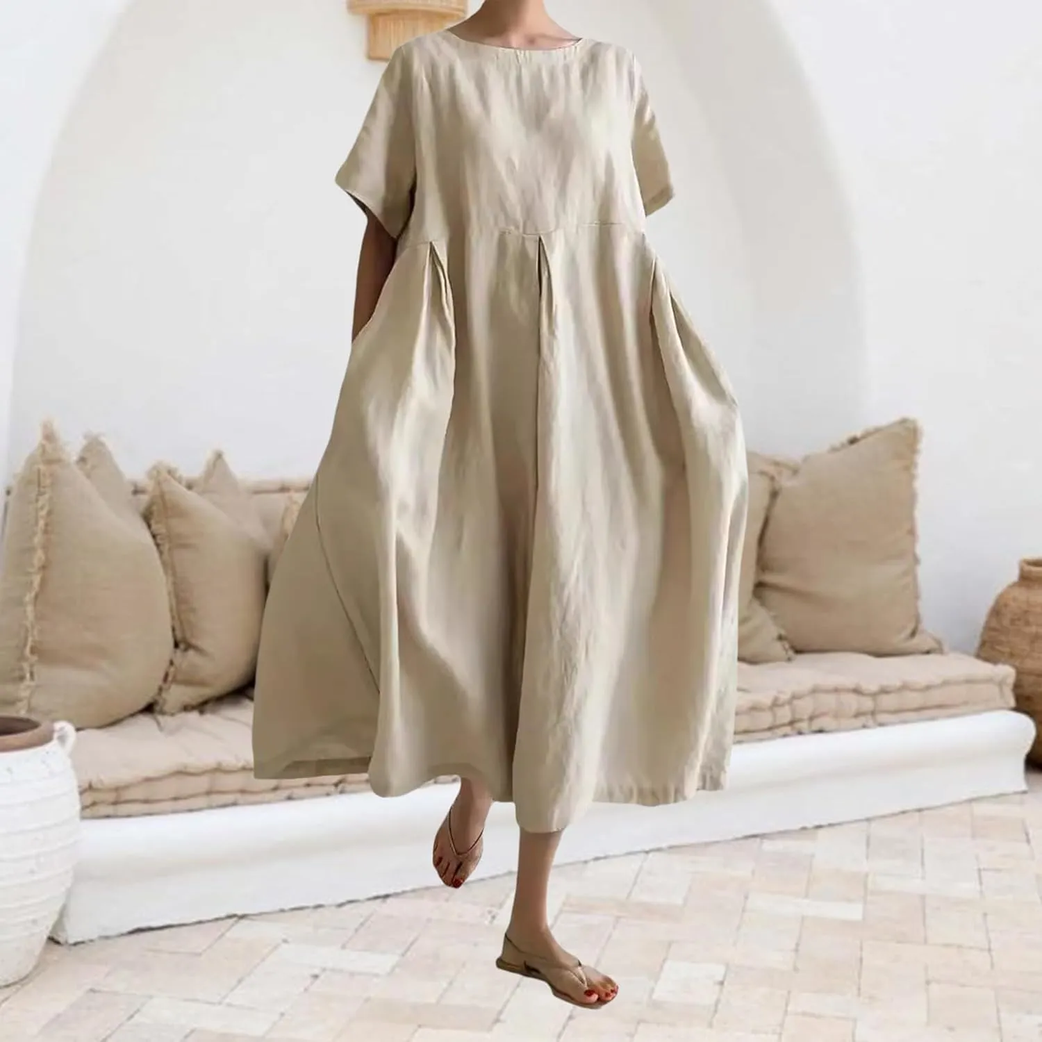Women's Cotton Linen Dress Casual Crew Neck Short Sleeve Flowy Ruffle Hem Flowy Maxi Dress with Pockets