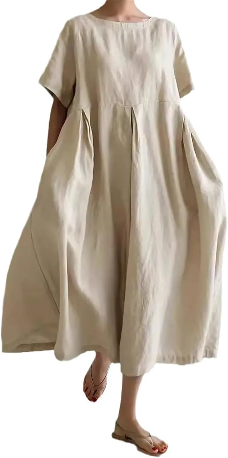Women's Cotton Linen Dress Casual Crew Neck Short Sleeve Flowy Ruffle Hem Flowy Maxi Dress with Pockets