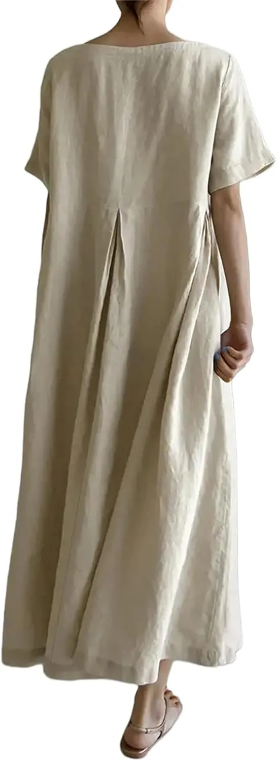 Women's Cotton Linen Dress Casual Crew Neck Short Sleeve Flowy Ruffle Hem Flowy Maxi Dress with Pockets