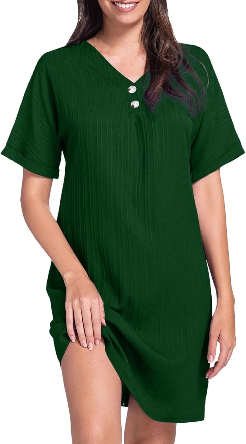Womens Cotton Shirt Dress 2025 Summer Casual Cap Sleeve Button V Neck Shift Dress Beach Cover Up Shirts with Pockets