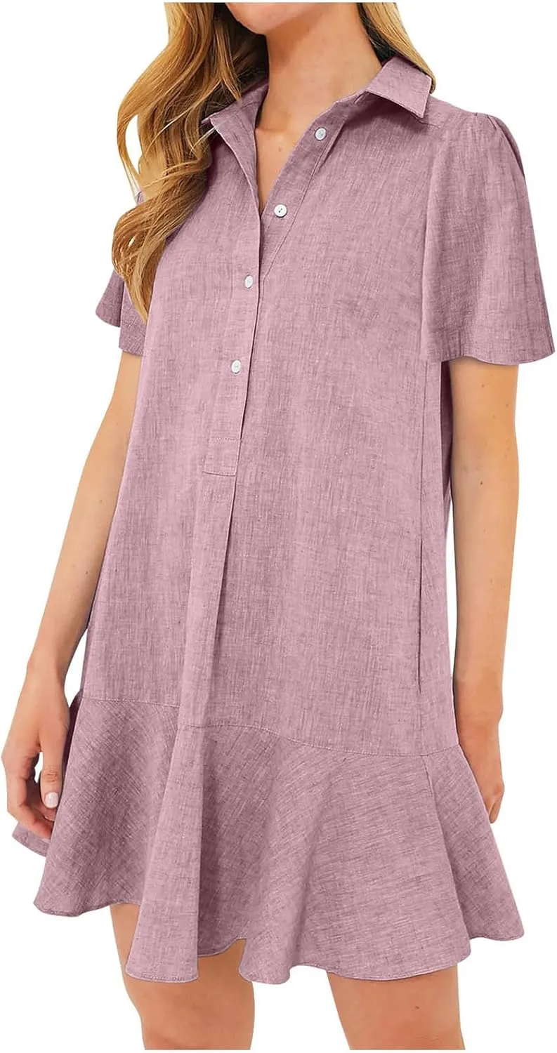 Women's Half Button Down Shirt Dress Summer Casual Lapel Short Sleeve Cotton Linen Dress Ruffle Shift Mini Dresses