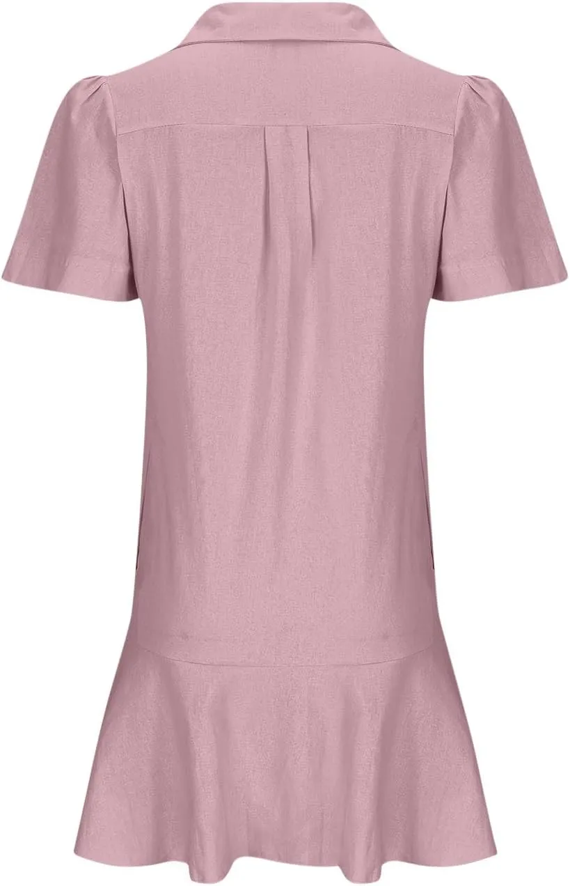 Women's Half Button Down Shirt Dress Summer Casual Lapel Short Sleeve Cotton Linen Dress Ruffle Shift Mini Dresses