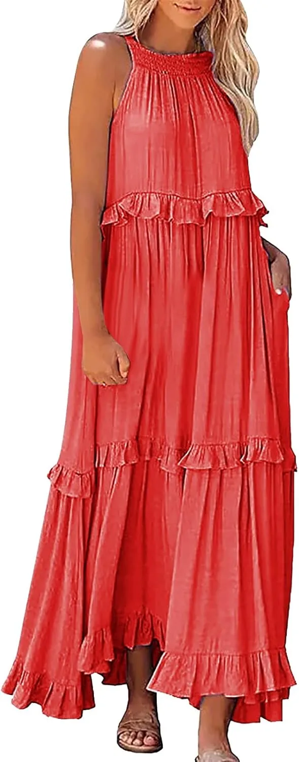 Womens Halter Neck Maxi Dress Sleeveless Tiered Flowy Long Dresses 2025 Summer Ruffle Swing Beach Sundress