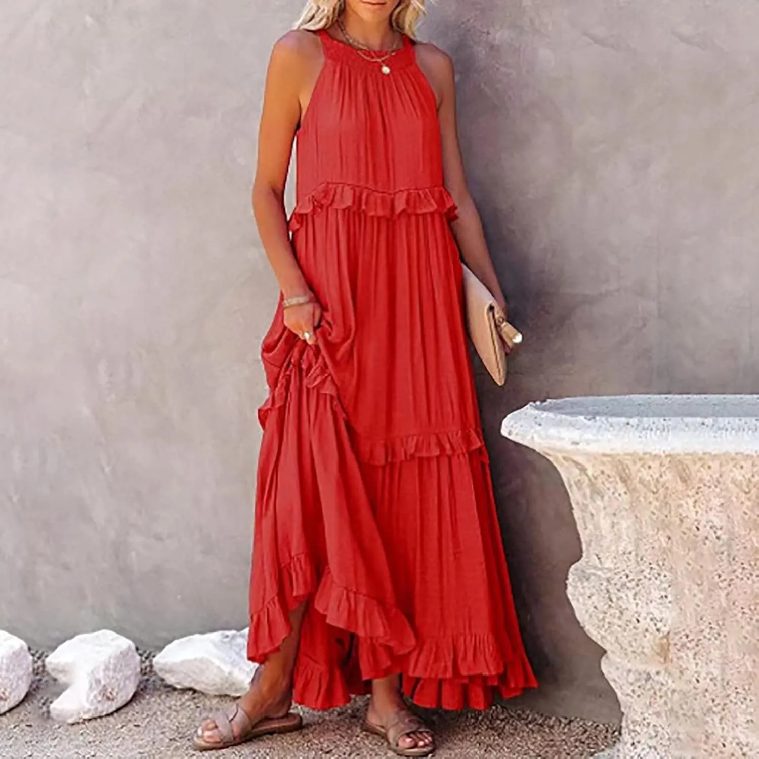 Womens Halter Neck Maxi Dress Sleeveless Tiered Flowy Long Dresses 2025 Summer Ruffle Swing Beach Sundress