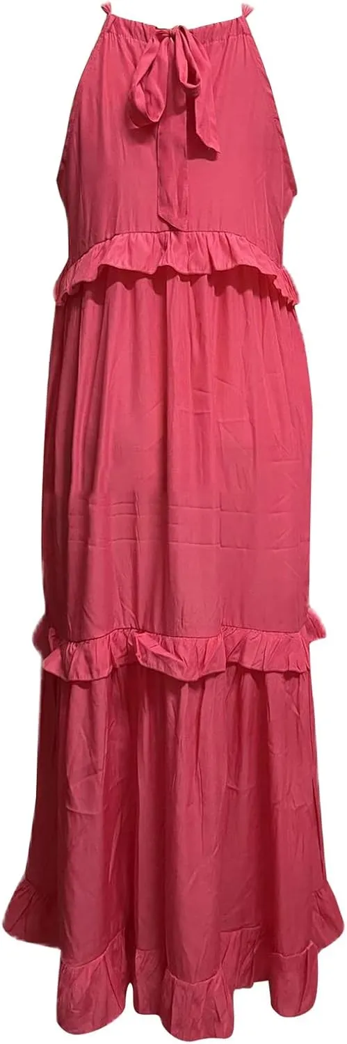 Womens Halter Neck Maxi Dress Sleeveless Tiered Flowy Long Dresses 2025 Summer Ruffle Swing Beach Sundress