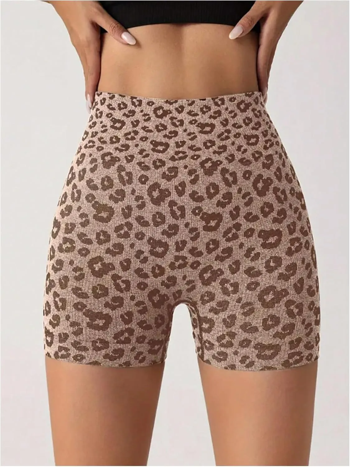 Women's Leopard Print High Waisted Sports Biker Shorts Tummy Control Stretchy Shorts