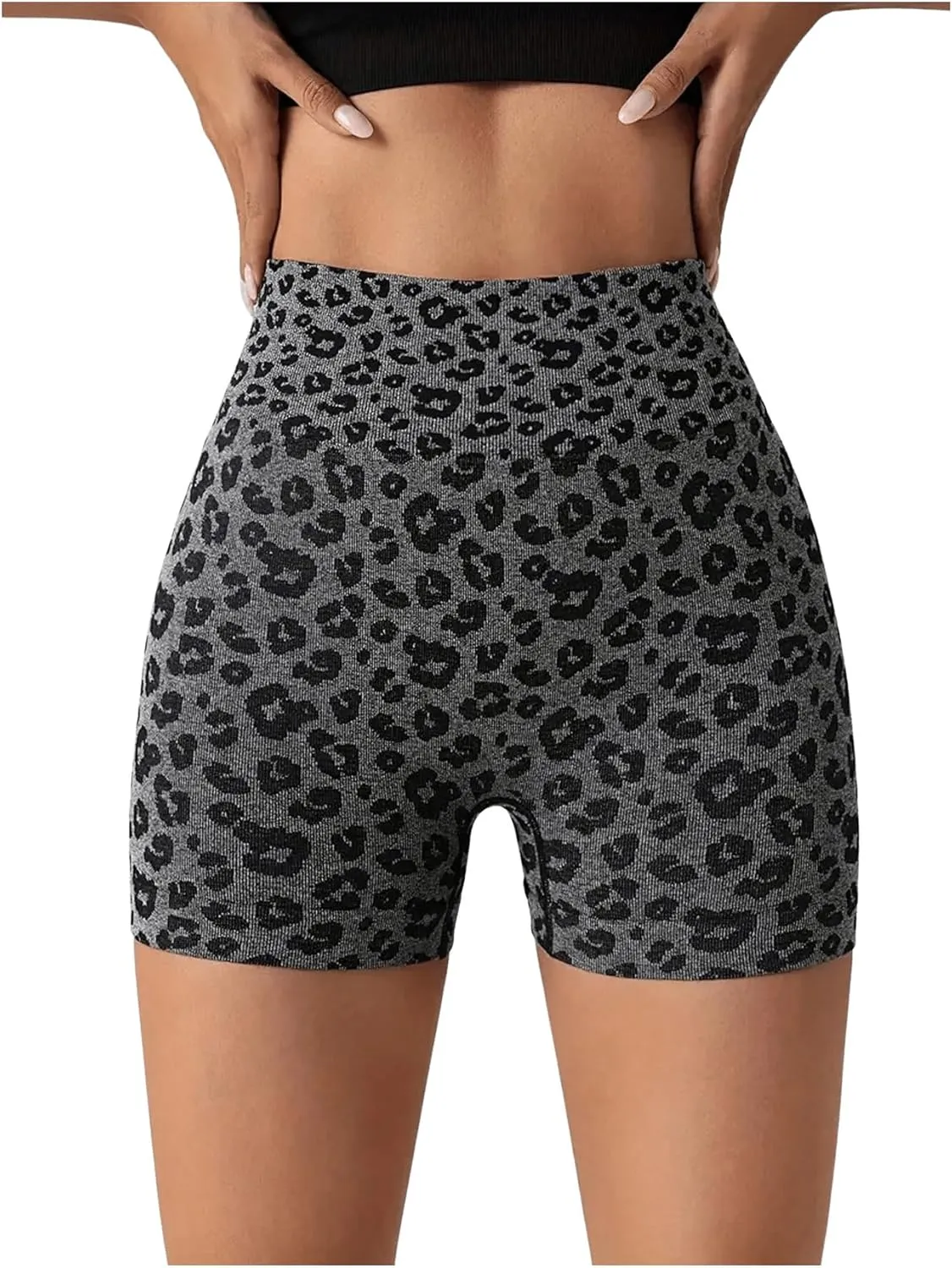 Women's Leopard Print High Waisted Sports Biker Shorts Tummy Control Stretchy Shorts