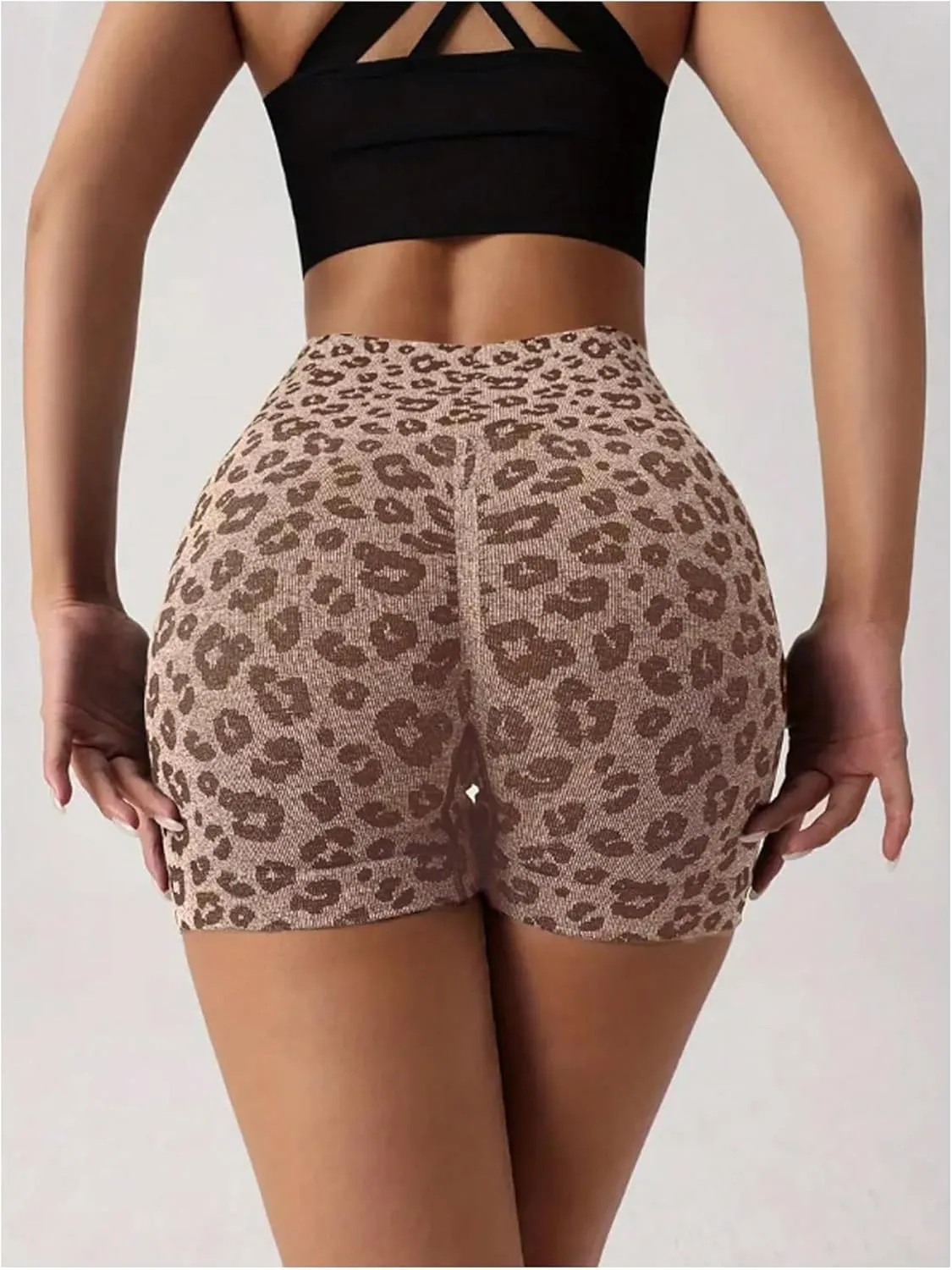 Women's Leopard Print High Waisted Sports Biker Shorts Tummy Control Stretchy Shorts