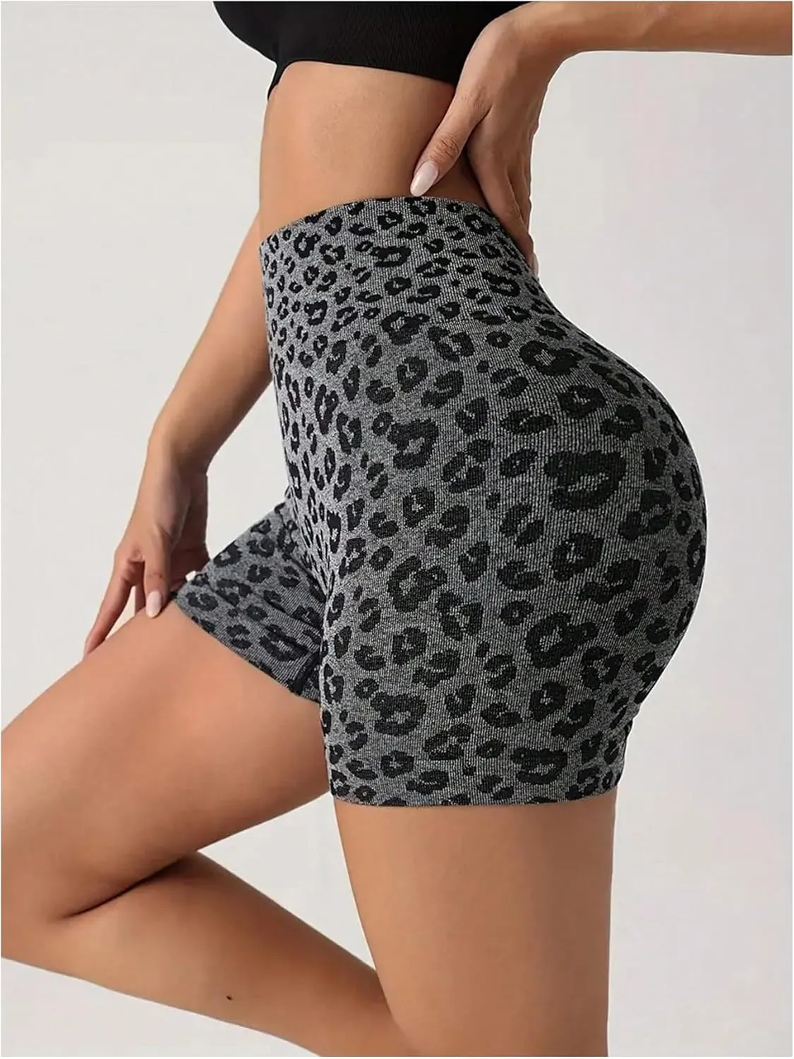 Women's Leopard Print High Waisted Sports Biker Shorts Tummy Control Stretchy Shorts