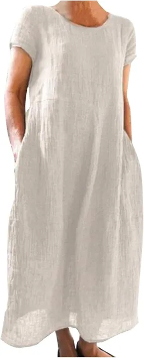 Women's Linen Dresses 2025 Casual Short Sleeve Crewneck T Shirts Maxi Dresses Loose Solid Retro Dress with Pockets