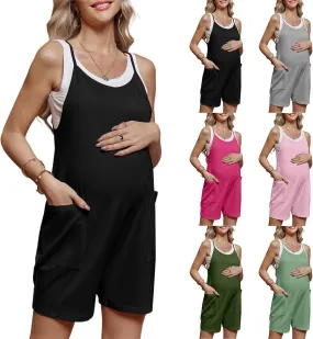 Womens Maternity Romper Summer Sleeveless Overall Shorts Loose Fit Pregnancy Wide Leg Short Jumpsuits with Pockets