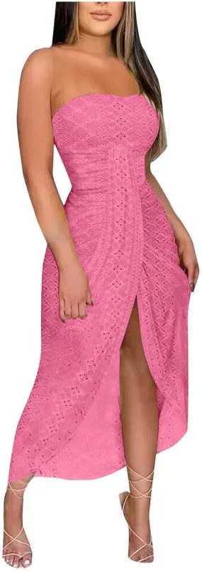 Women's Sexy Strapless Tube Long Dress Solid Color Ruched High Waist Wrap Split Asymmetrical Beach Maxi Long Dresses
