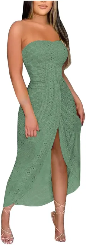 Women's Sexy Strapless Tube Long Dress Solid Color Ruched High Waist Wrap Split Asymmetrical Beach Maxi Long Dresses