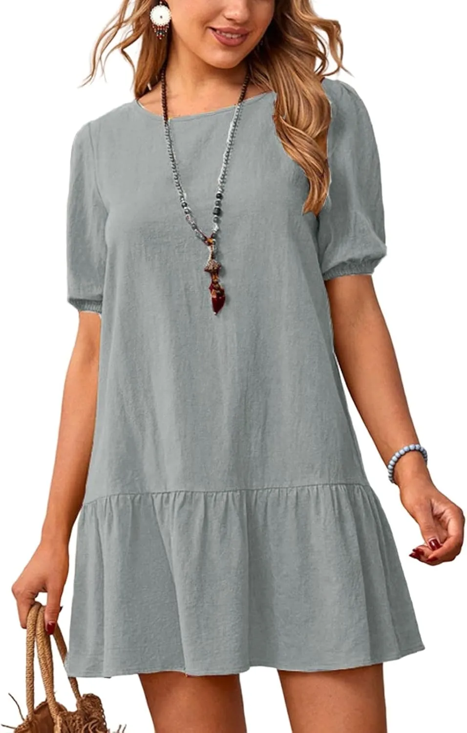 Womens Summer Cotton Linen Casual Dresses Beach Coverup Loose Short Sleeve Crewneck T Shirt Dress 2025 Midi Sundress