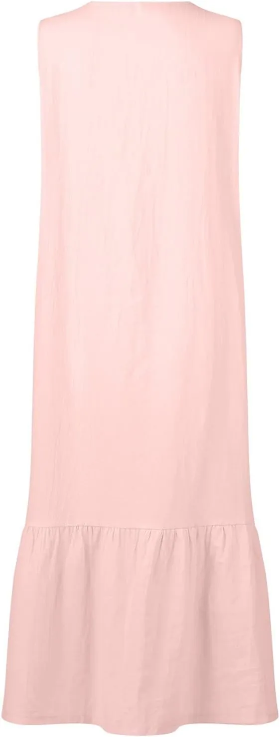 Women's Summer Cotton Linen Long Dress Sleeveless V Neck Button Down Tank Dresses Plus Size Loose Flowy Dress Pockets